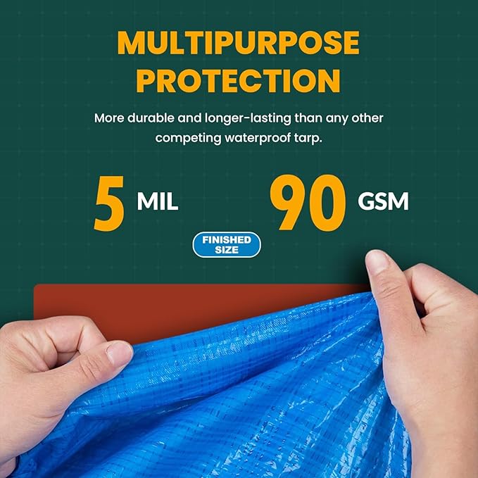 Large Waterproof Tarp - Heavy Duty 5 Mil Thick Poly Tarpaulin Ideal for Canopy Tents, Boats, RV or Pool Covers - Multipurpose Protective Tarps with Grommets for Indoor and Outdoor Use | 25' x 40'
