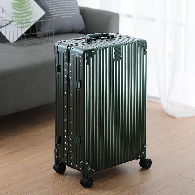 Metal All Aluminum Carry-on Luggage TSA Customs Lock Zipperless Silent Rotary Wheel Business Suitcase Aluminum Frame Set (dark green, 28 '')