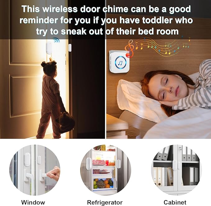 Door Chime,Wireless Door Open Alarm-SANJIE Door Entry Chime with 26 Chimes 5 Adjustable Volume Mute Mode for Business/Home/Store, Pool Alarm with 500ft Range LED Indicators, 1 Receivers + 1 Sensors