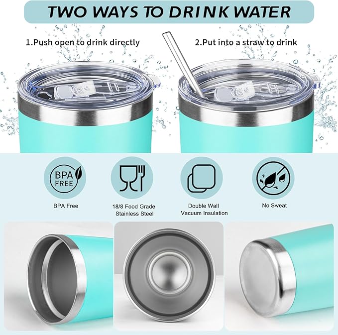 20oz Tumbler with Straw and Brush, Stainless Steel Vacuum Insulated tumbler, Double Wall Insulated Coffee Tumbler for Outdoor, Home, Travel,Office (Light green，4pcs)