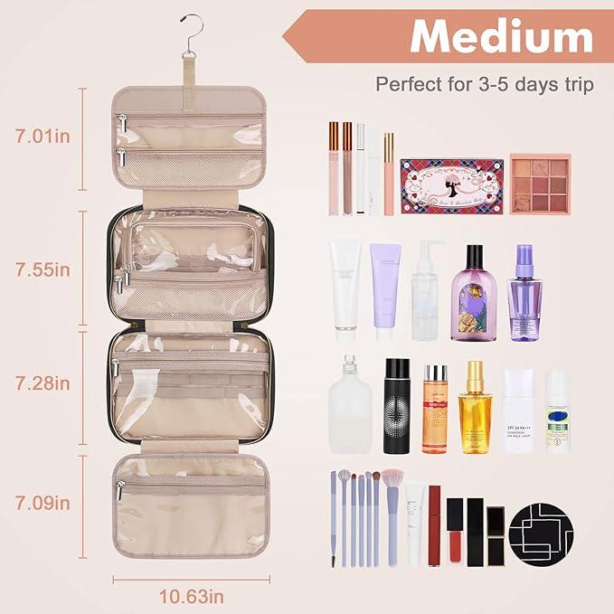Wedama Toiletry Bag for Women, Medium Cosmetic Travel Bag, Hanging Toiletry Bag for Bathroom, Thickened PVC Waterproof Makeup Bag, Toiletries Bag for Travel Business Trips and Camping, Black