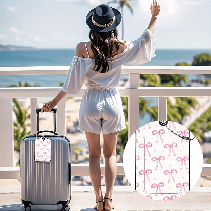 Luggage Tags for Suitcases, 2-Pack PU Leather for Cruise & Travel, Baggage ID Tags with Privacy Cover & Address Card, Durable Metal Ring, Kids Adults Travel Accessories, Blush Bows