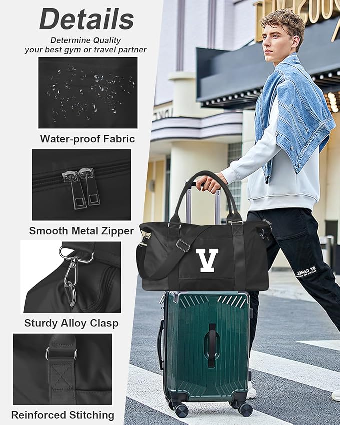Initial Travel Duffel Bag Sports Gym Bag for Boys Teen Birthday Gifts,Black Personalized Weekender Bag Carry On Tote Bags for Men,Waterproof Overnight Luggage Bag Airplane Travel Essentials(Letter V)