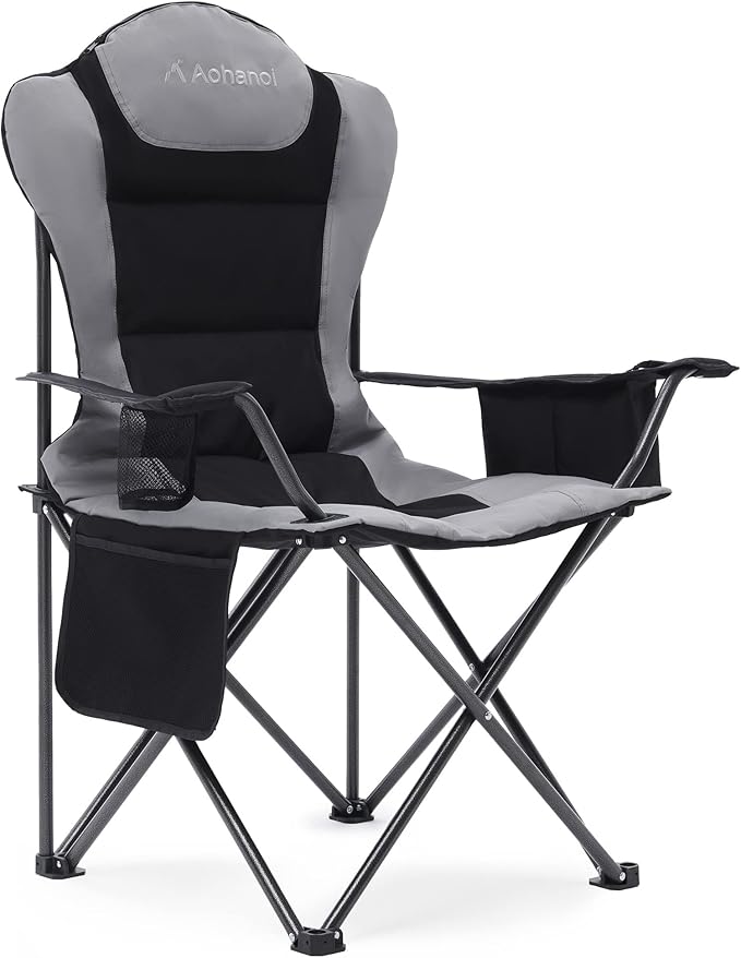 Camping Chairs for Heavy People, Folding Chairs for Outside Outdoor Folding Chairs with Cup Holder & Cooler Bag, Camp Chairs Supports up to 300lbs(1 PC, Black)
