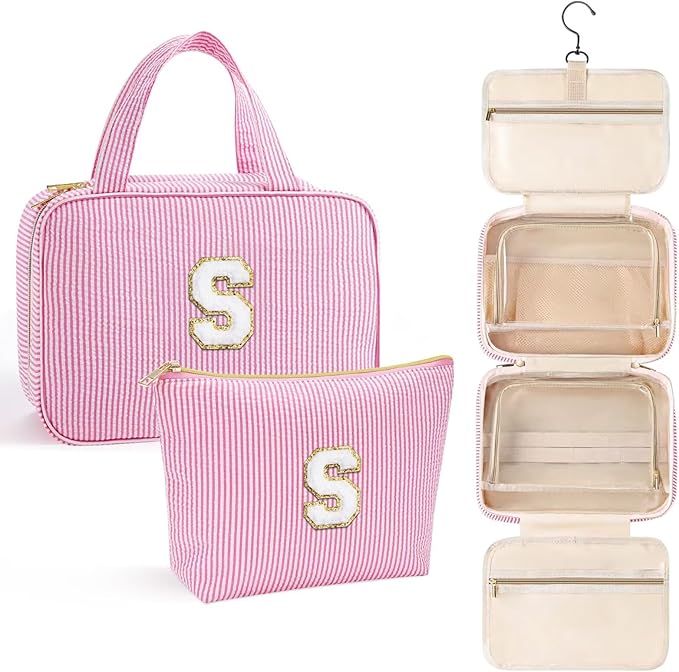 YOOLIFE Hanging Toiletry Bag - Large Capacity Personalized Travel Toiletry Bag for Women, Cruise Ship Essentials - Letter S, Pink