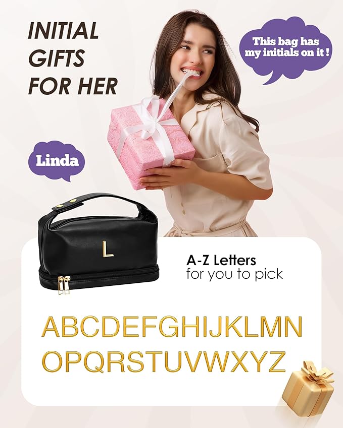 Graduation Gifts for Her, Personalized Makeup Bag with Handle, Initial Double Layer Cosmetic Bag with Makeup Brush Organizer, PU Leather Travel Toiletry Bag, Gifts for Friends Female Mom