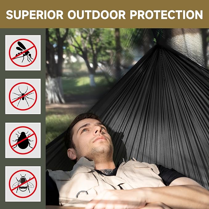 Camping Hammock with Mosquito Net and Ridge Rope, Extra Large for 2 Person, Lightweight Hanging Hammocks Tree Straps, All-in-one Fast Open Hammock for Outside, Hiking, and Travel