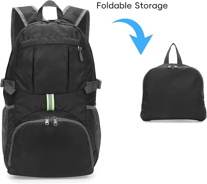 Yaopeing Lightweight Backpack,25L Foldable Hiking Packable,Water Resistant Travel Outdoor Shoulder Bag for Woman Men,Black