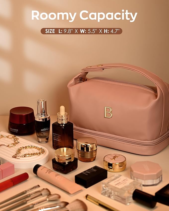 Engagement Gifts-Initial Makeup Bag with Handle, Waterproof Double Layer Cosmetic Bag, Girl Makeup Bags Letter Travel Toiletry Bag with Makeup Brush Organizer-Teacher Appreciation Gifts
