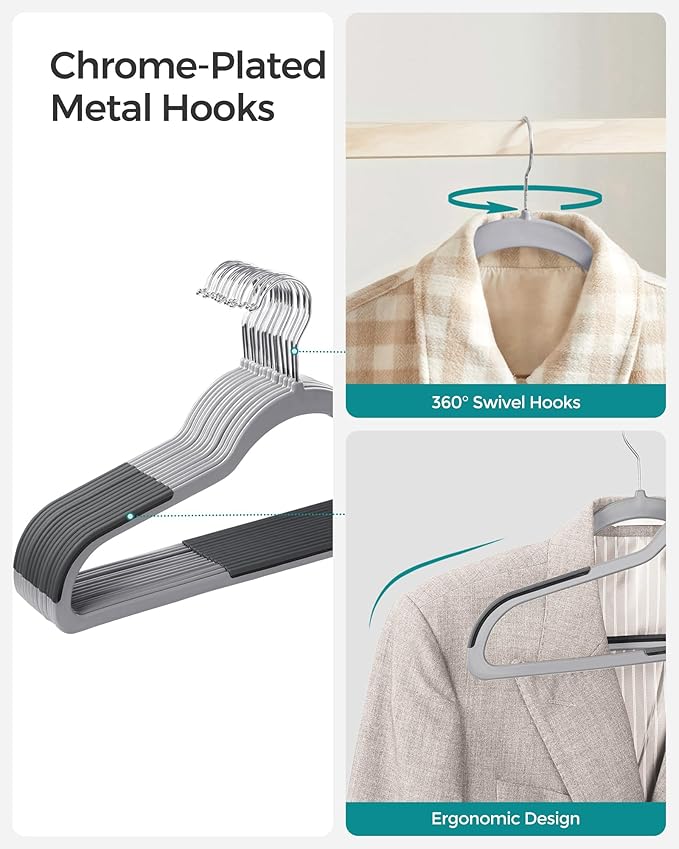 SONGMICS Clothes Hangers, Pack of 60 Plastic Coat Hangers, Space-Saving, Light Gray and Dark Gray UCRP0050G01