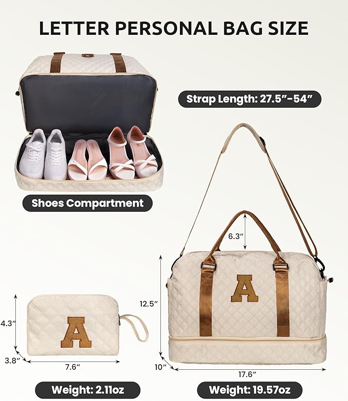 Initial Duffle Bag with Shoe Compartment, Personalized Weekender Bag, Monogram Overnight Bag for Women with Trolley Sleeve & Wet Pocket, Letter Travel Bag with Makeup Bag (Letter D), Beige