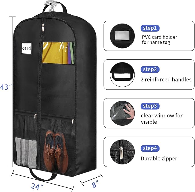 8" Gusseted Heavy Duty Garment Bags for Travel 43"" Suit Bags for Closet Storage Hanging Clothes Bag with Pockets Mens Suit Holder for Shirts, Coats, Dresses, 3 Pack