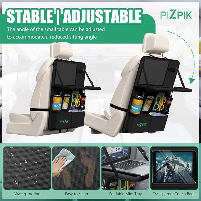 Car Backseat Organizer with Tablet Holder,11 Storage Pockets with Foldable Food Tray, Protector Kick Mats for Kids, Travel Accessories Organizer (Black, 2Pack)