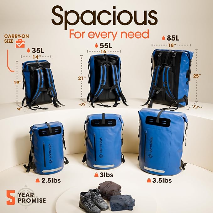 Earth Pak Waterproof Backpack - Heavy Duty Hiking Backpack - Roll-Top Closure - Waterproof Bag - Cushioned Dry Bags Waterproof w/ IPX8 Waterproof Phone Case - Wet Bag for Hiking, Kayak(Blue, 85L)