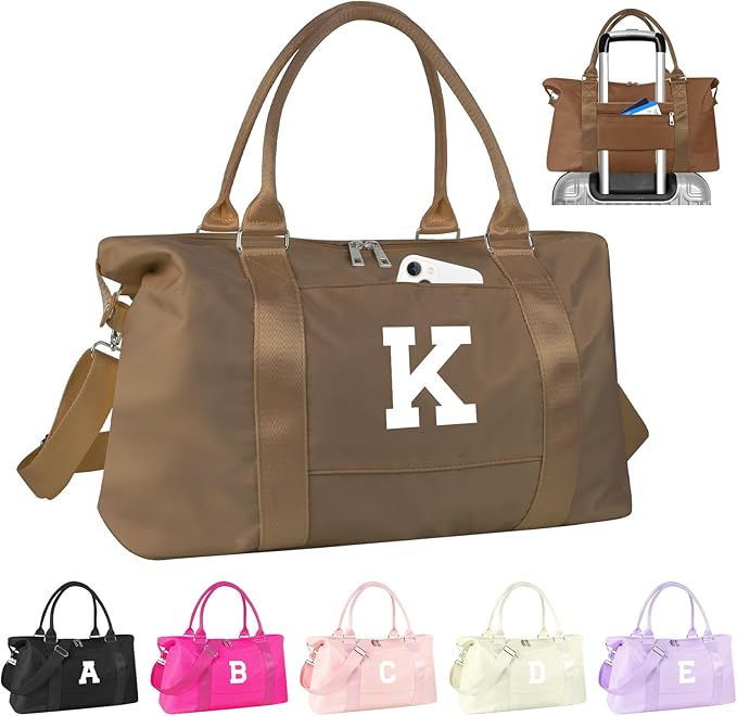 Birthday Graduation Gifts for Daughter,Initial Travel Duffel Bag Sports Gym Bag for Girls Teen Kids Birthday Gifts,Personalized Weekender Bag Carry On Tote Bags Cute Overnight Bag for Women(Brown, K)