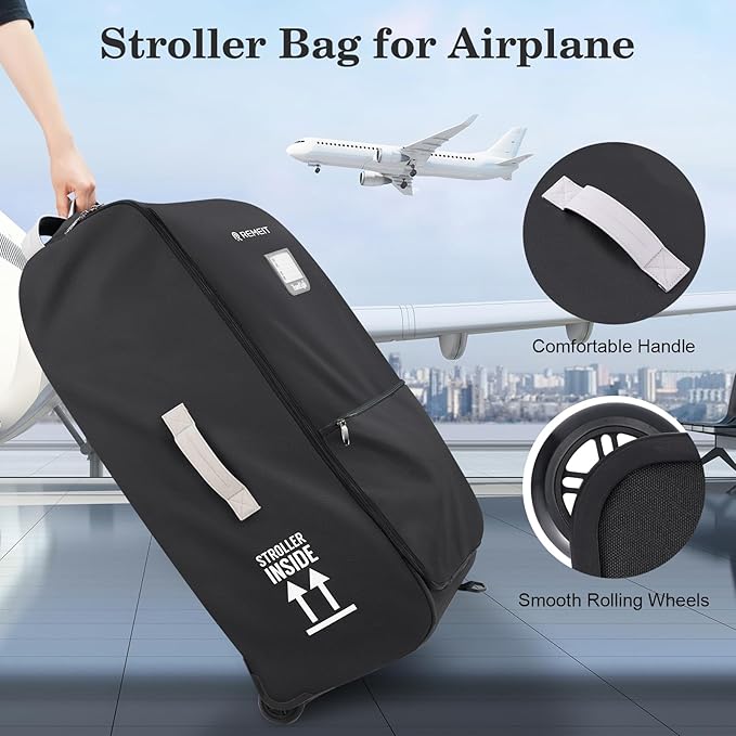 Stroller Bag for Airplane, Stroller Travel Bag Compatible with UPPAbaby Vista, Vista V2, Cruz V2, Rolling Wheel Bag with Storage Pocket, Multiple Handles, Luggage Tag for Flight Travel, Black