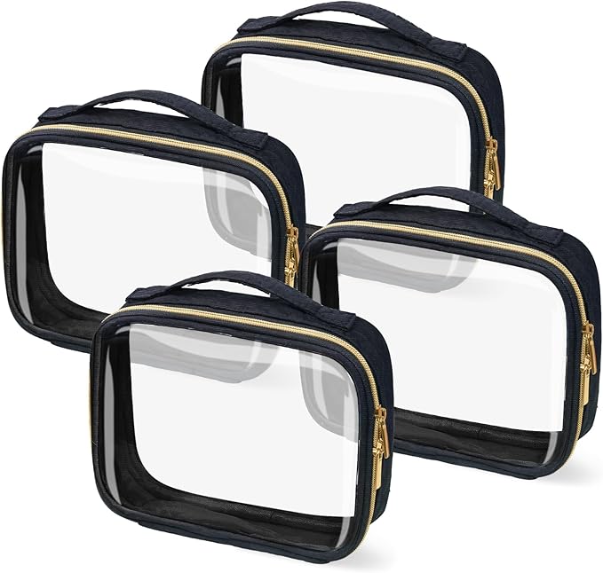 TSA Approved Travel Toiletry Bag,4 Pack Clear Makeup Bags with Handles,Quart Size Clear Cosmetic Bags for Traveling Women,Men,Carry on Airport Airline Compliant Bag,Black