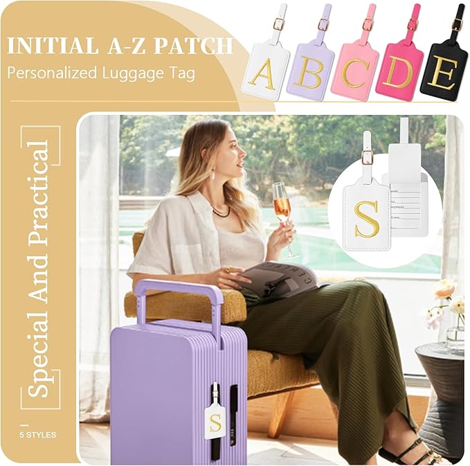 Personalized Initial Luggage Tags for Suitcase TSA Approved, White Leather Cute Luggage Tag with Privacy Cover Name Card, Embroidered Custom Luggage Tags Travel Baggage Tags Gifts for Women Kids(S)