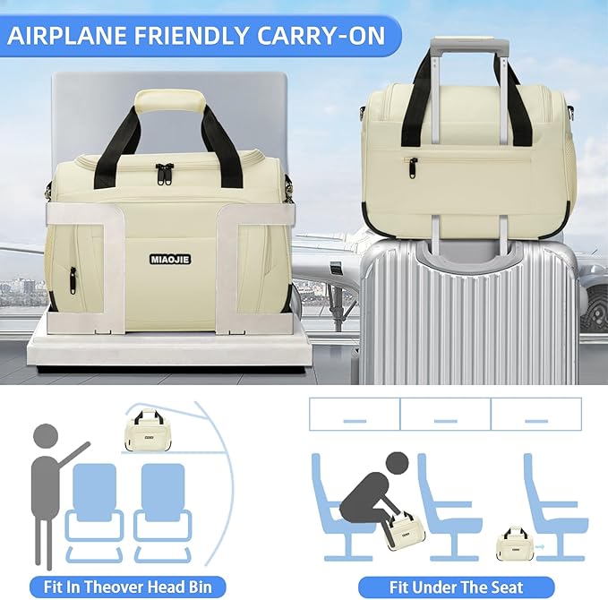 Underseat Carry On Luggage Lightweight Travel Tote Weekender Bag Overnight Duffle Bag for Travel, Travel Essentials Personal Item Travel Bag for Women and Men, Beige-16Inch