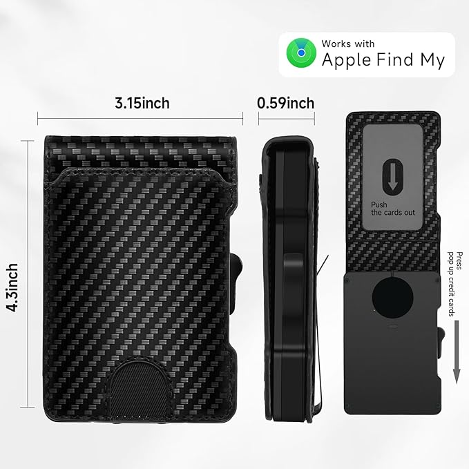 Zeeker Mens Air Wallet, with Smart Tracker, RFID Blocking Credit Card Clip, Bi-Fold Minimalist Wallet, Compatible with Apple Find My IOS Only, Replacement AirTag Chip(Carbon Fiber Pattern)