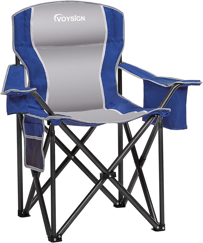 Padded Camping Chairs for Adults, Oversized Folding Outdoor Chairs, Weight Capacity 475lbs, with Cooler Bag, Cup Holder, Storage Pocket Carry Bag - Blue Color