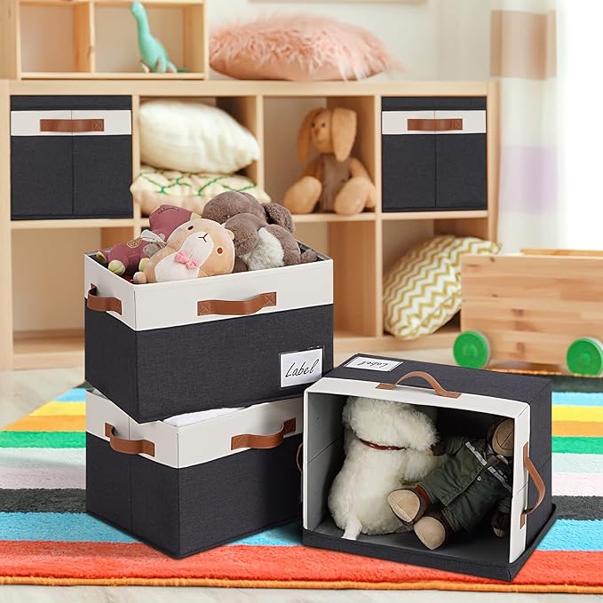 GhvyenntteS Extra Large Storage Bins with Lids, Foldable Fabric Storage Boxes with Lids and 3 Leather Handles, Storage Baskets with Label Window (6 Pack, Black, 15.75" x 11.8" x 10.2")