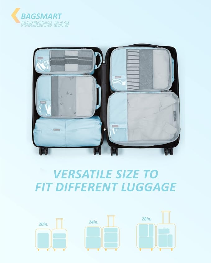 BAGSMART 6 Set Compression Packing Cubes - Lightweight Travel Essentials, Durable Luggage Organizer