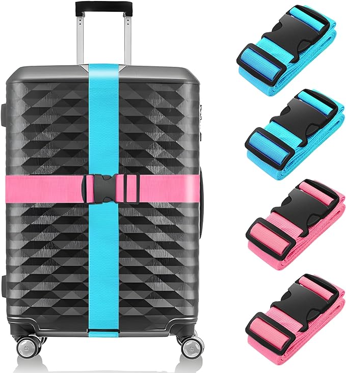 BILIONE 4 Pack Luggage Straps 79" Long Belts Keep Suitcase Secure While Traveling, TSA Approved Add a Bag Premium Accessory for Travel Bag Closure (2PCS Blue + 2PCS Rose Pink)