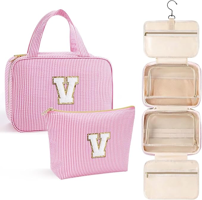 YOOLIFE Travel Toiletry Bag for Women - Hanging Toiletry Bag Makeup Bag, Portable Toiletries Cosmetic Bag, Airplane Travel Essentials - Letter V, Pink