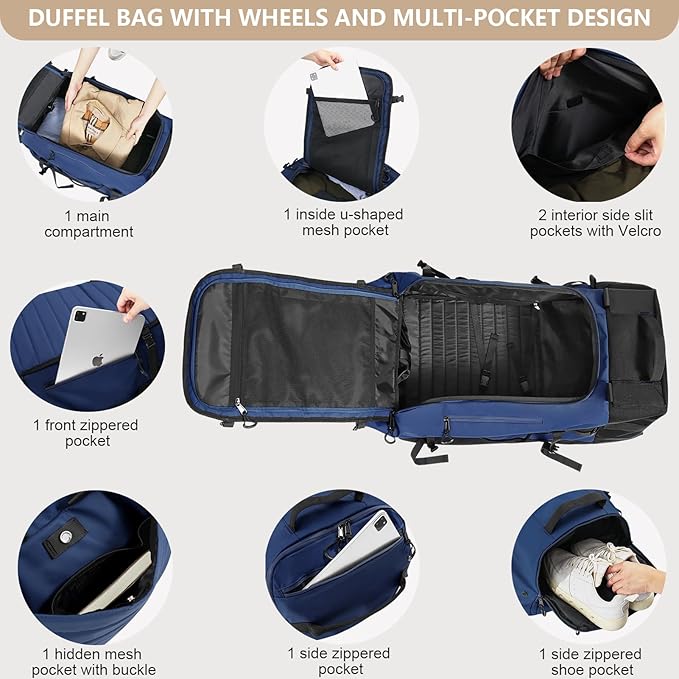 CONTAIL 86L Foldable Wheeled Duffel Backpack with Padded Quilted Bottom,Waterproof Travel Duffle Bag with Extended Handles,Navy