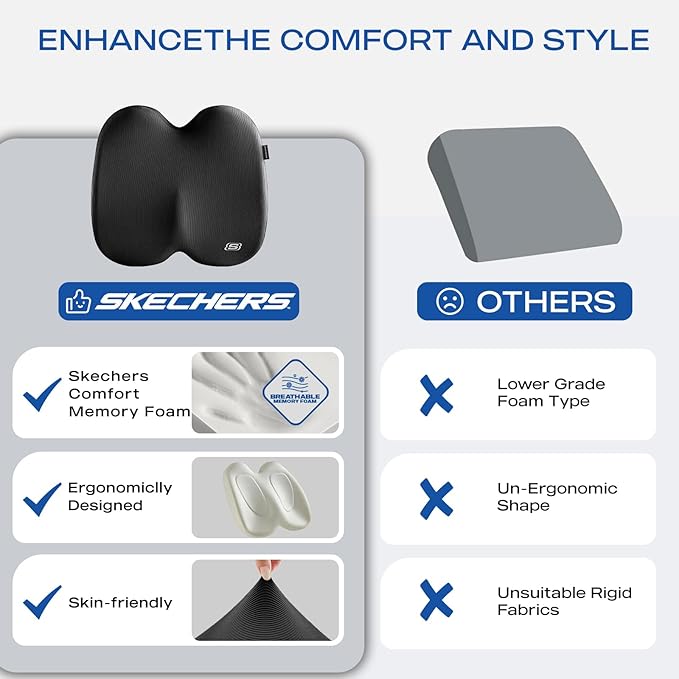 Skechers Memory Foam Seat Cushion,Ribbed Fabric Office Chair Cushion for Tailbone Pain Relief,Butt Pillow for Office Chair,Car Seat Cushion,Long Sitting Office Workers,and Car Drivers,Black