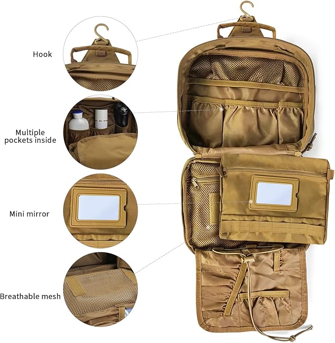Toiletry Bag for Men, Travel Hanging Hook Toiletry Bag, Spacious Portable Organizer Dopp Kit Shaving Bag for Toiletries Makeup Accessories Tactical Essentials - Khaki