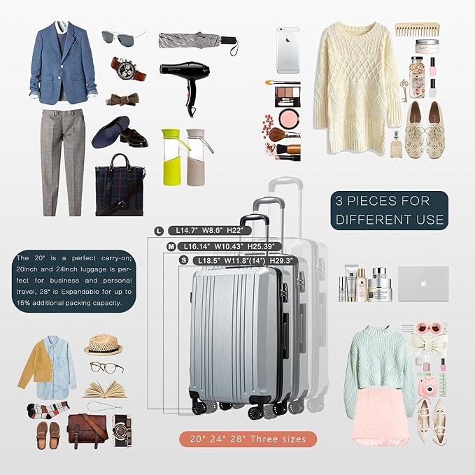 Coolife Luggage Suitcase PC+ABS with TSA Lock Spinner Carry on Hardshell Lightweight 20in 24in 28in(white, L(28IN))