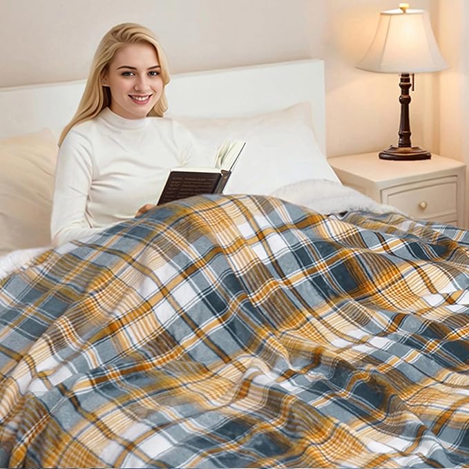 PU MEI Sherpa Blanket Twin Plaid Thick Bed Blanket, 60”*80” Super Soft Flannel Fuzzy Fleece Reversible Velvet Plush Warm Blanket for Couch (Blue Yellow Check)