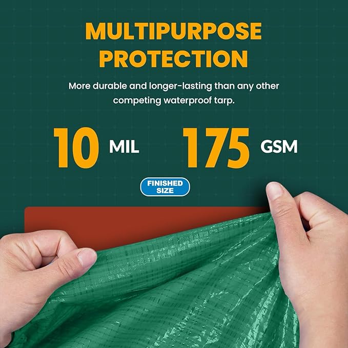Large Waterproof Tarp - Heavy Duty 10 Mil Thick Poly Tarpaulin Ideal for Canopy Tents, Boats, RV or Pool Covers - Multipurpose Protective Tarps with Grommets for Indoor and Outdoor Use | 20' x 40'