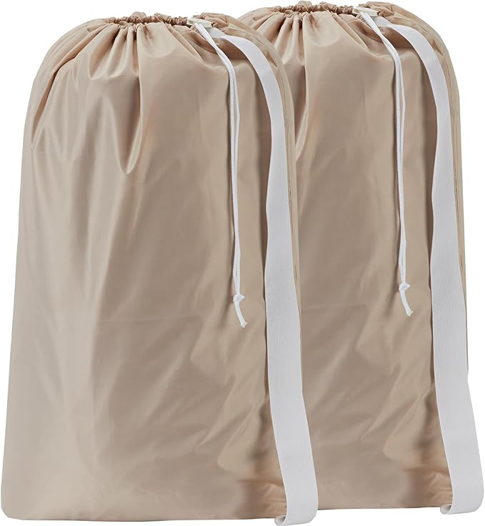 HOMEST 2 Pack XL Nylon Laundry Bag with Strap, Large Dirty Garments Organizer, Easy Fit a Hamper or Clothing Basket, Can Carry Up to 4 Loads of Clothes, Beige