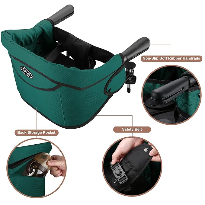 Hook On Chair with Removable Dining Tray, Portable Table High Chair, Folding Compact Baby Seat with Storage Bag for Indoor/Outdoor,Dark Green