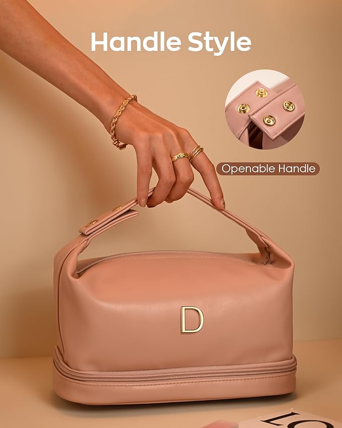Initial Makeup Bag Personalized Bags with Handle, Friend Gifts for Women Cosmetic Bag, Mothers Birthday Gifts Leather Makeup Bags Letter Travel Toiletry Bag with Makeup Brush Organizer