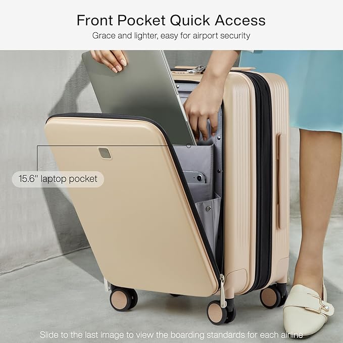 Hanke Grace Expandable Carry On Luggage with Wheels Airline Approved Hard Shell Suitcases with Front Pocket，Top Opening Luggage with TSA Lock for Short Business Travel, Cuban Sand.