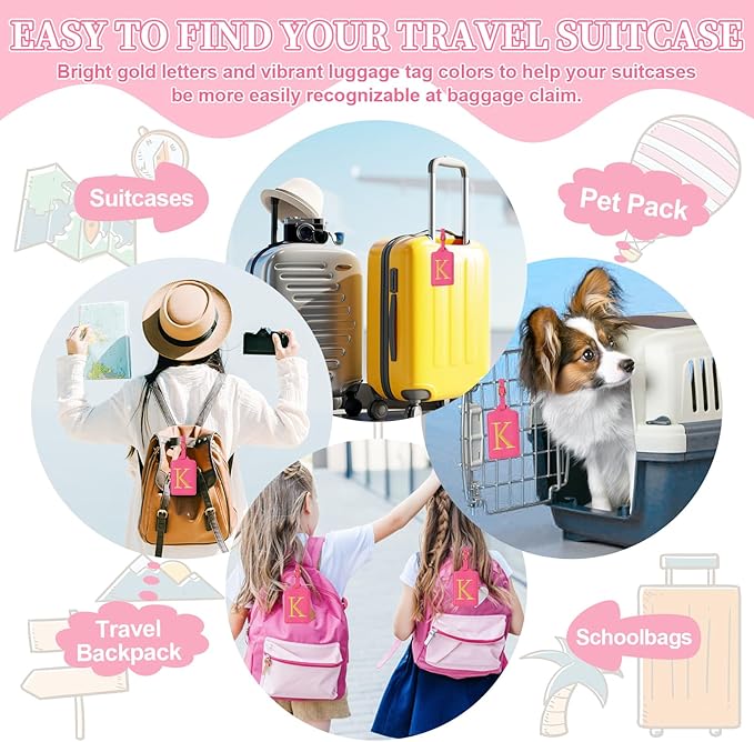 Personalized Initial Luggage Tags with Privacy Cover, Rose Red Leather, Cute Embroidered Custom Monogram Tags for Women, Kids