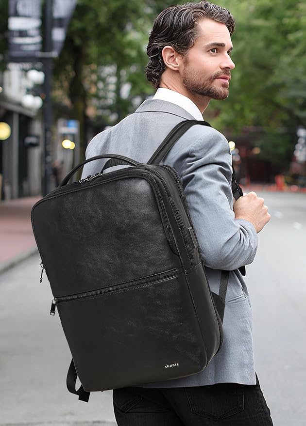 Vegan Leather Laptop Backpack for Women&Men,16 Inch Expandable Backpack with USB Charging Port,Two-toned Black