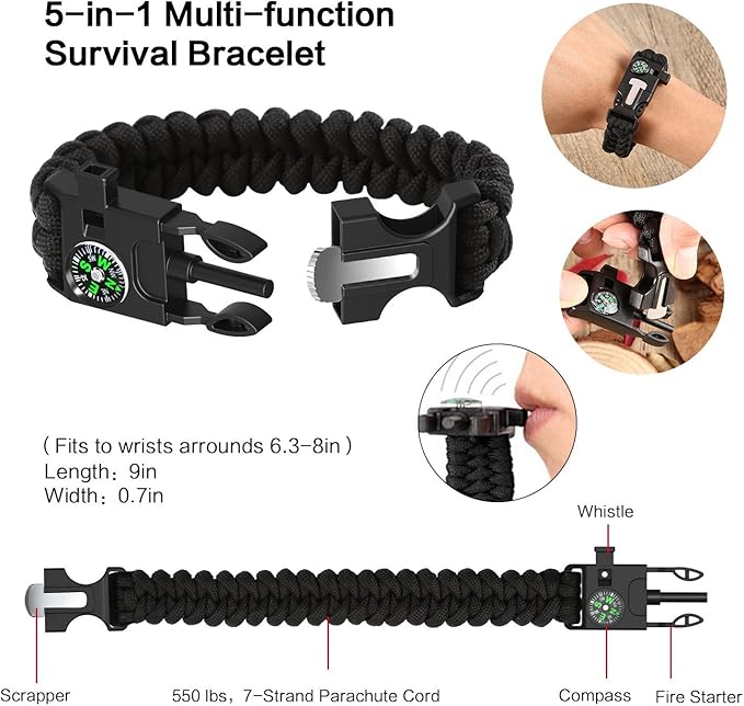 XUANLAN Emergency Survival Kit 13 in 1, Outdoor Survival Gear Tool with Survival Bracelet, Fire Starter, Whistle, Wood Cutter, Water Bottle Clip, Pen (Survival Kit 2)