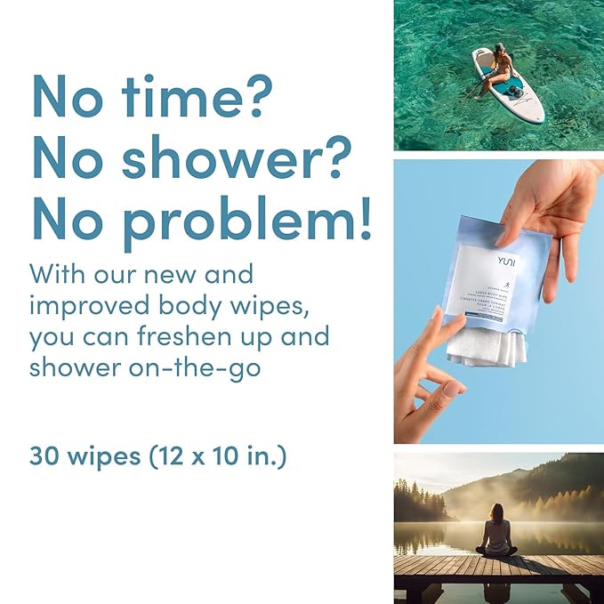 YUNI Beauty Large Body Wipes (Unscented, 12 Count) Super Soft Moist Showerless that Cleanse & Deodorize - On-the-Go Waterless Body Cleanser - Biodegradable Individually Wrapped Wipes for Travel