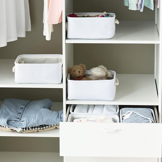 TheWarmHome Storage Basket for Organizing - Small 6 Pack 11.8x7.8x5.2 inch Gifts for Empty with Rope, Fabric Storage Cubes for Decorative Cloth Dog Livehome (White)
