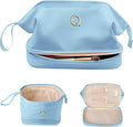 Bridesmaid Gift, Initial Makeup Bags, Personalized Double Layer Cosmetic Bag with Makeup Brush Organizer, Waterproof, Large Capacity PU Leather Travel Toiletry Bag