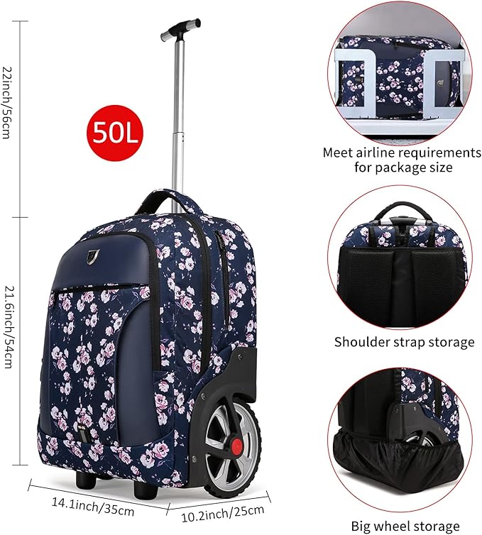 Rolling Backpack,Waterproof Backpack with Wheels for Business and Travel Commuter, Carry on Backpack with Laptop Compartment, Fit 17 Inch Laptop, Wheeled Backpack for Adults