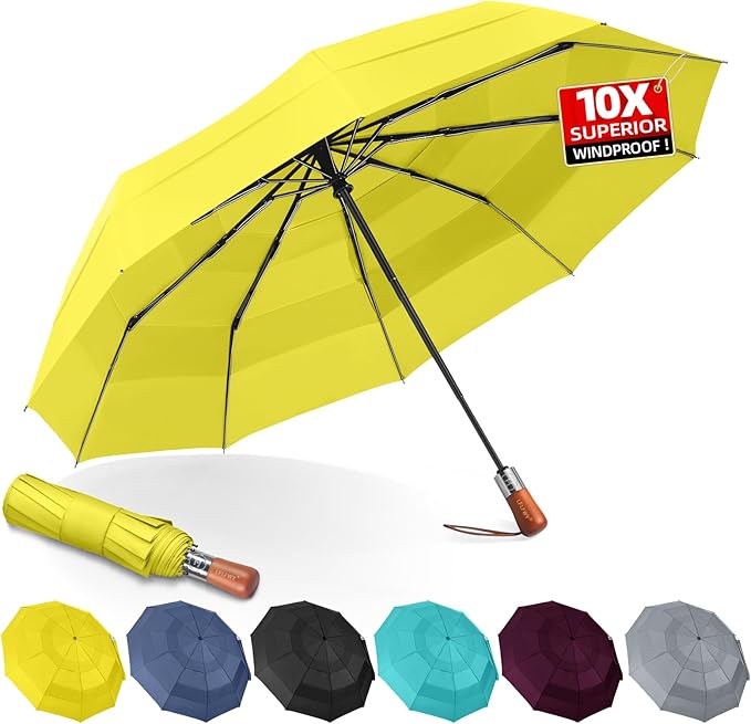 3T Wind Armor Travel Umbrella Compact Easy Auto Open Close Folding Umbrellas for Rain Windproof Umbrella for Women and Men Durable Real Wood Handle Portable Fits Backpack Car