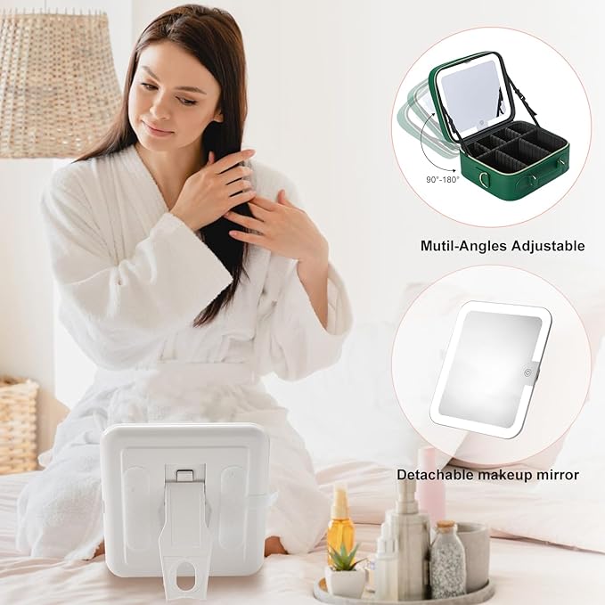 Mocado Travel Makeup Bag with LED Lighted Mirror,Travel Makeup Organizer,Makeup Case with 3 Color Lighted Setting and 10x Magnifying Mirror,Portable Storage and Adjustable Dividers Makeup Box(Green)