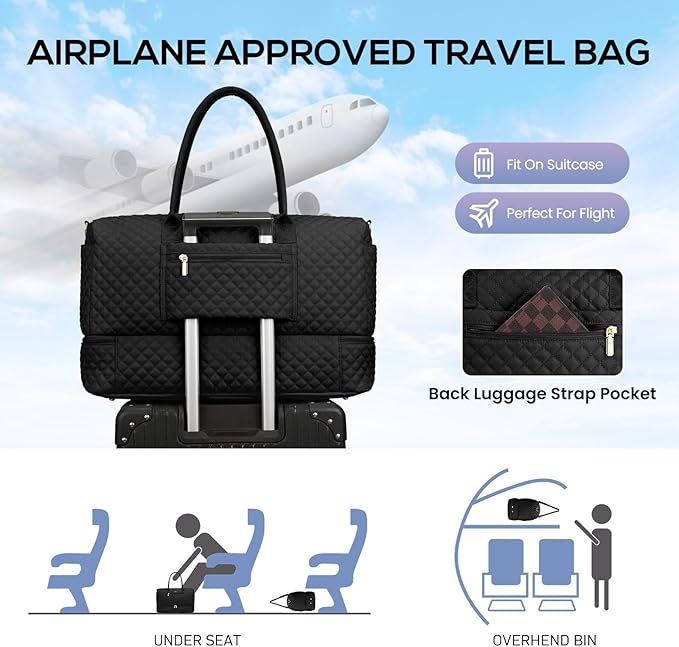 Travel Weekender Duffle Bag for Women - Overnight Bag with Shoe Compartment Carry on Bag with Toiletry Bag Gym Duffel Bag with Wet Pocket Hospital Bags for Labor and Delivery 3 Pcs Set Black