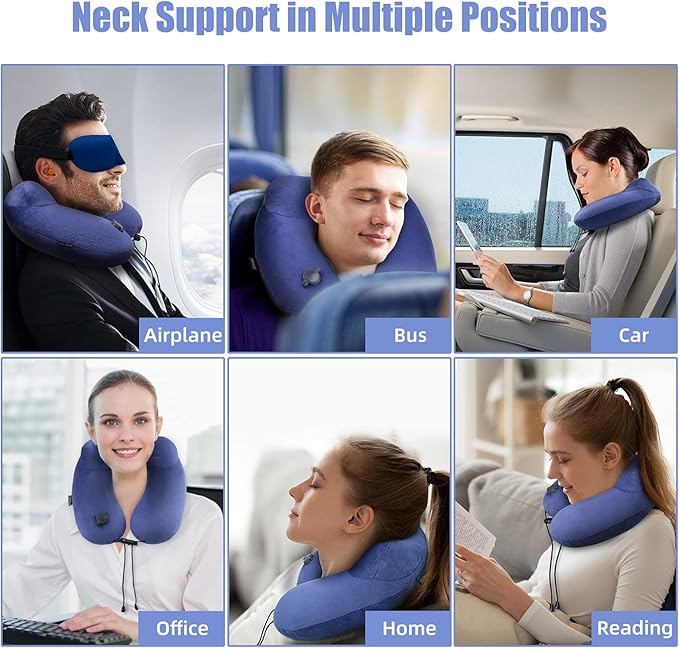 urophylla Inflatable Travel Neck Pillow for Airplanes, Super Soft Velvet Neck Support, Adjustable Firmness, Blow Up Plane Pillow for Long Flights, Road Trips, Travel Essentials with Eye Mask, Earplug